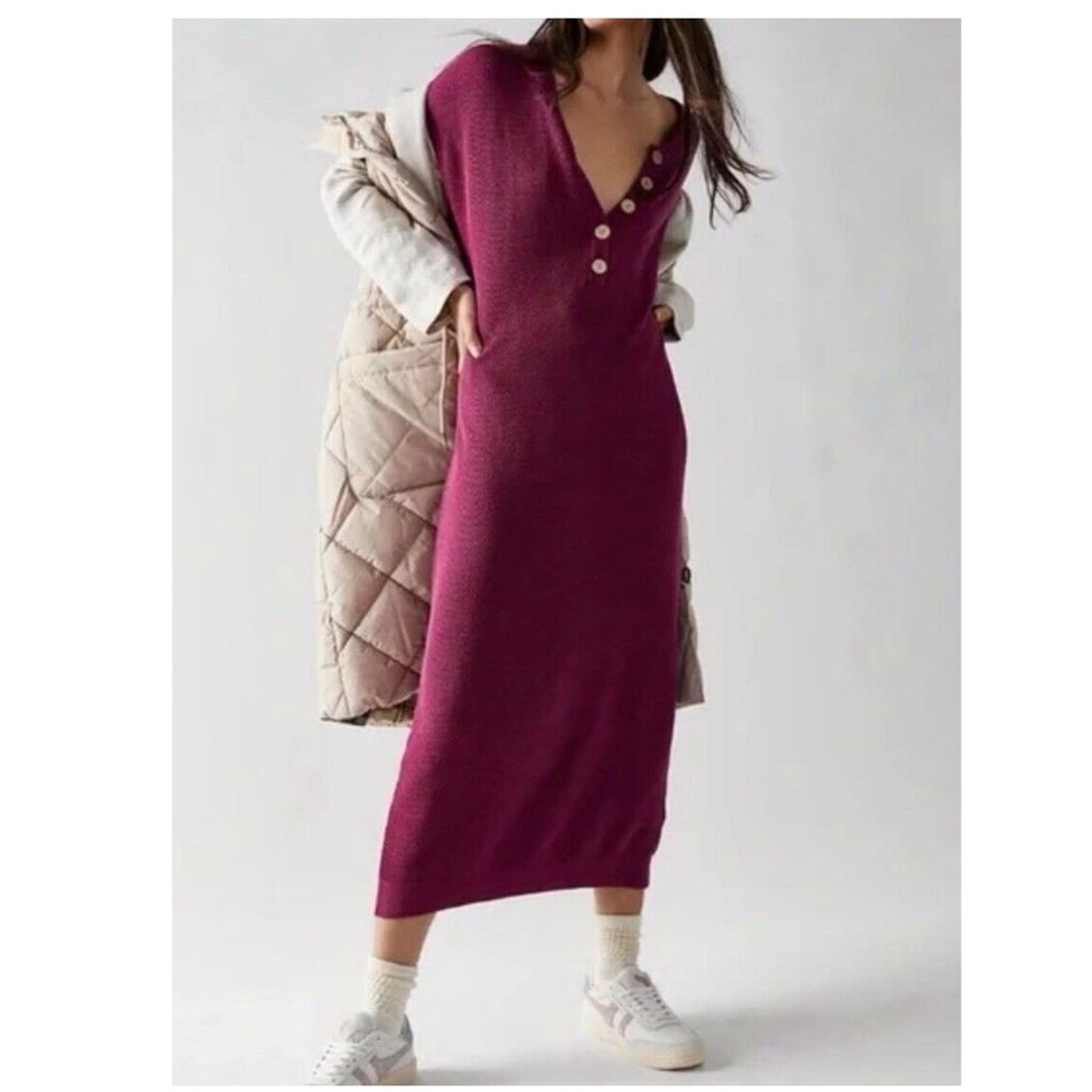 Free People Beach Hailee Sweater Long Sleeve Dress in Deep Pink Fuschia Plum